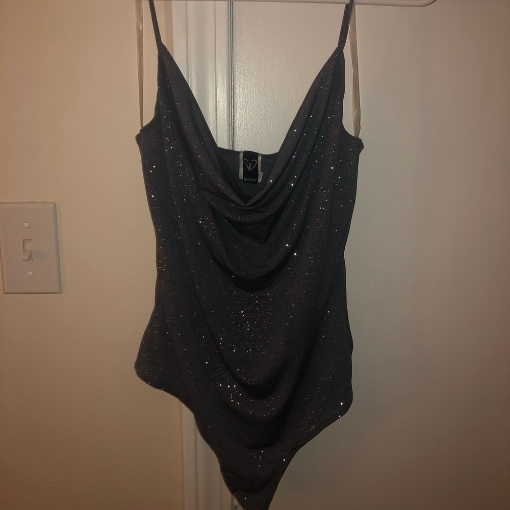 Cow Neck Sparkly Blue Bodysuit